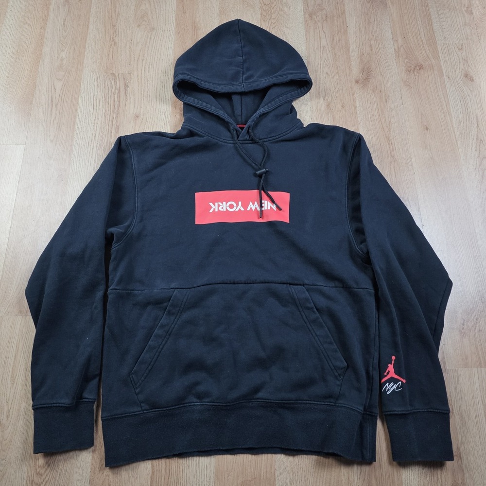 Jordan NYC Box Logo Hoodie Mens S Black Red Jumpman Pullover Sweatshirt